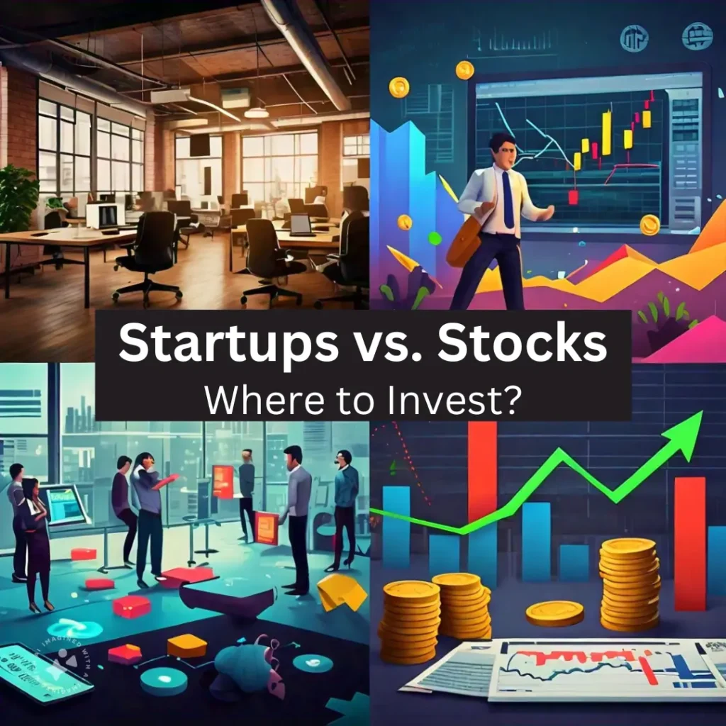 Split-screen thumbnail comparing startup investing to stock market investing. Left side: vibrant, modern startup environment with young entrepreneurs and digital icons. Right side: traditional stock market scene with exchange board, graphs, and confident investor. Contrasting colors highlight the difference between innovative startups and established stocks